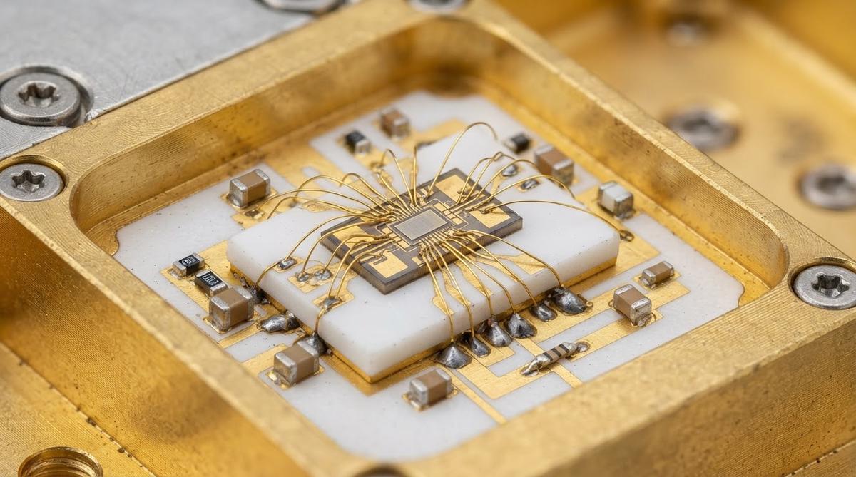 GaN power amplifier die soldered onto a ceramic AlN sub-mount