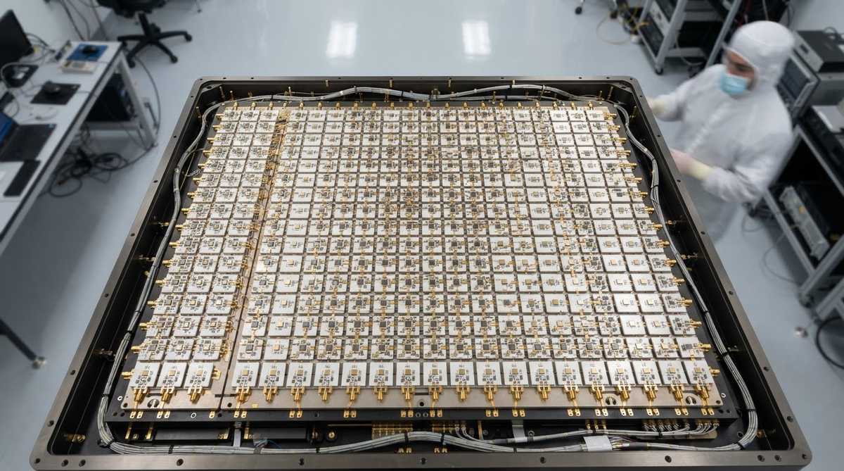 AESA radar panel showing rows of ceramic T/R module substrates in a clean room