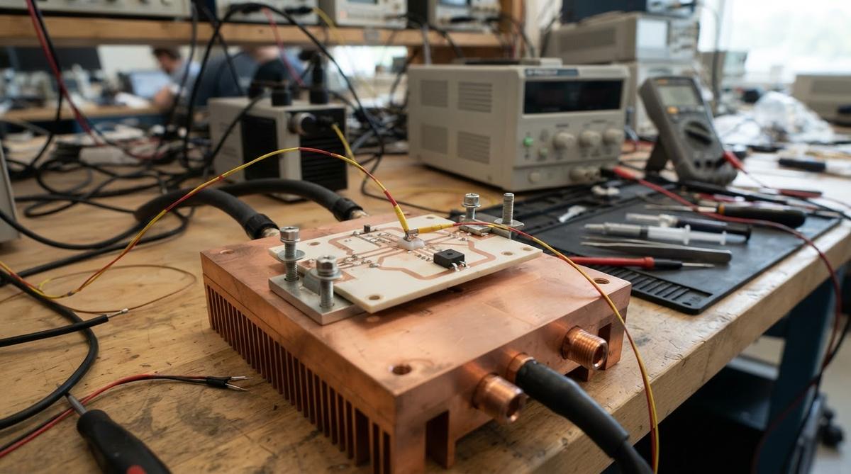 AlN ceramic PCB clamped to a copper cold plate during thermal resistance testing