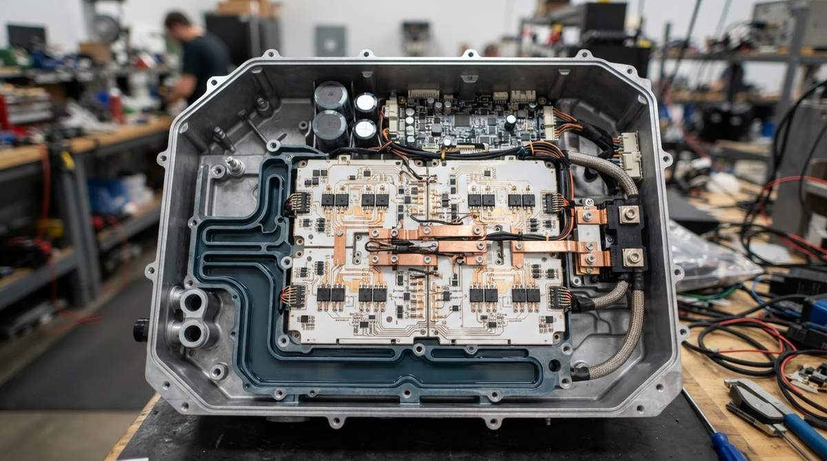 EV traction inverter interior showing ceramic substrates on a liquid-cooled baseplate