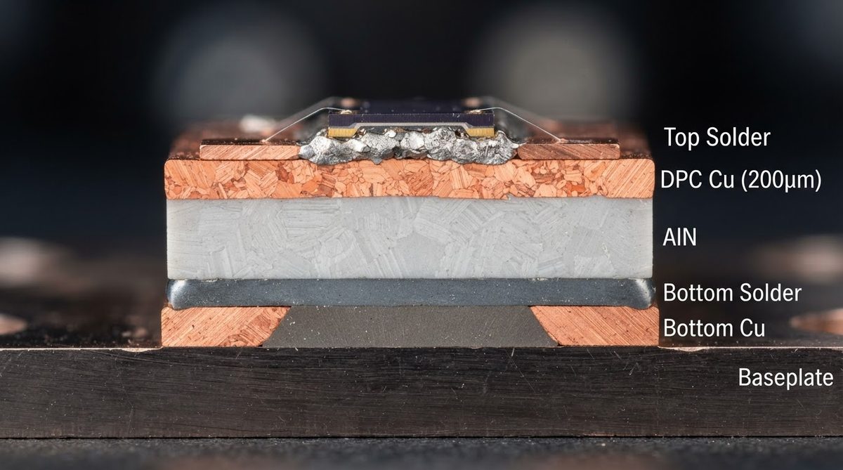 Cross-section of SiC die bonded to AlN ceramic substrate in a power module