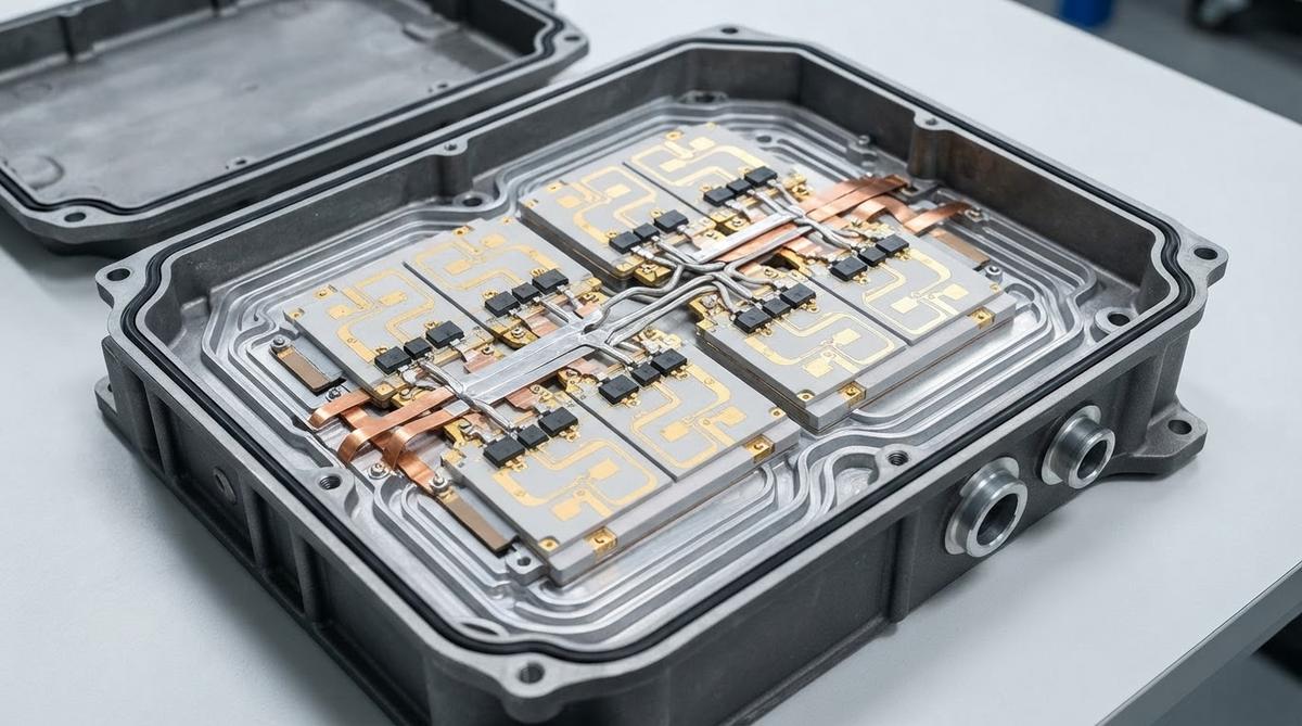 Open EV traction inverter showing AlN substrates on a liquid-cooled baseplate