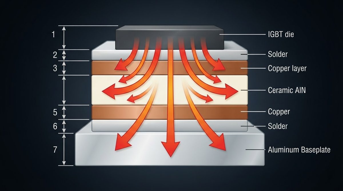 Cross-section of Cu–AlN–Cu DBC stack showing heat path from IGBT die to baseplate