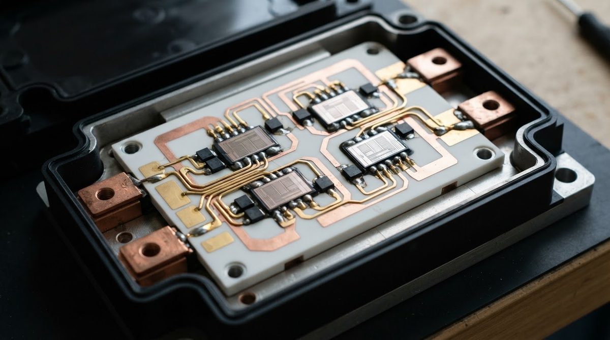Interior of an IGBT power module showing AlN substrate with bonded semiconductor die