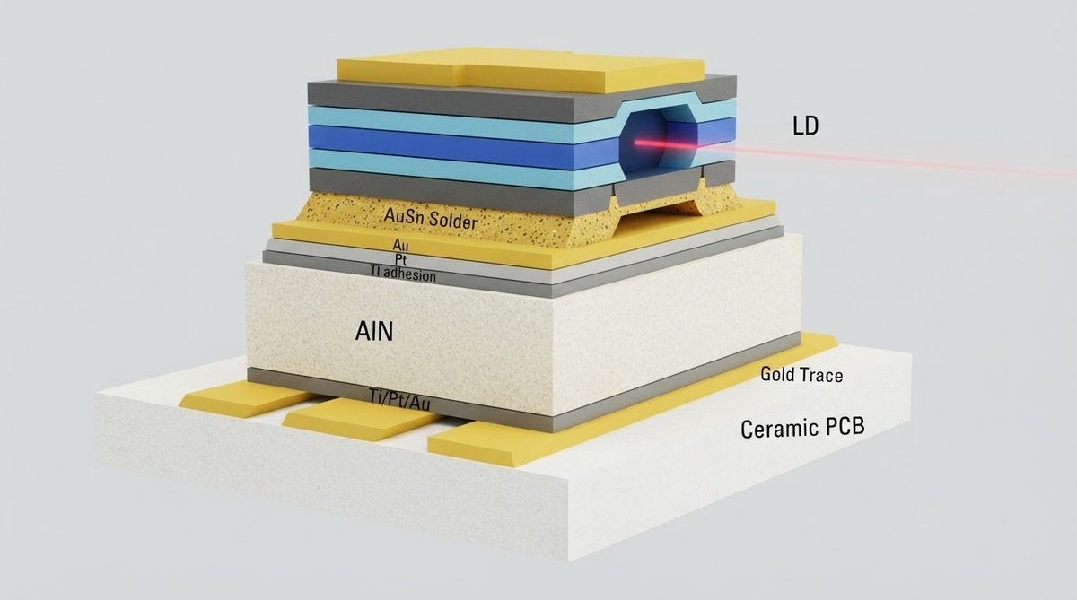 Cross-section of a laser diode bonded to an AlN submount with metallization layers