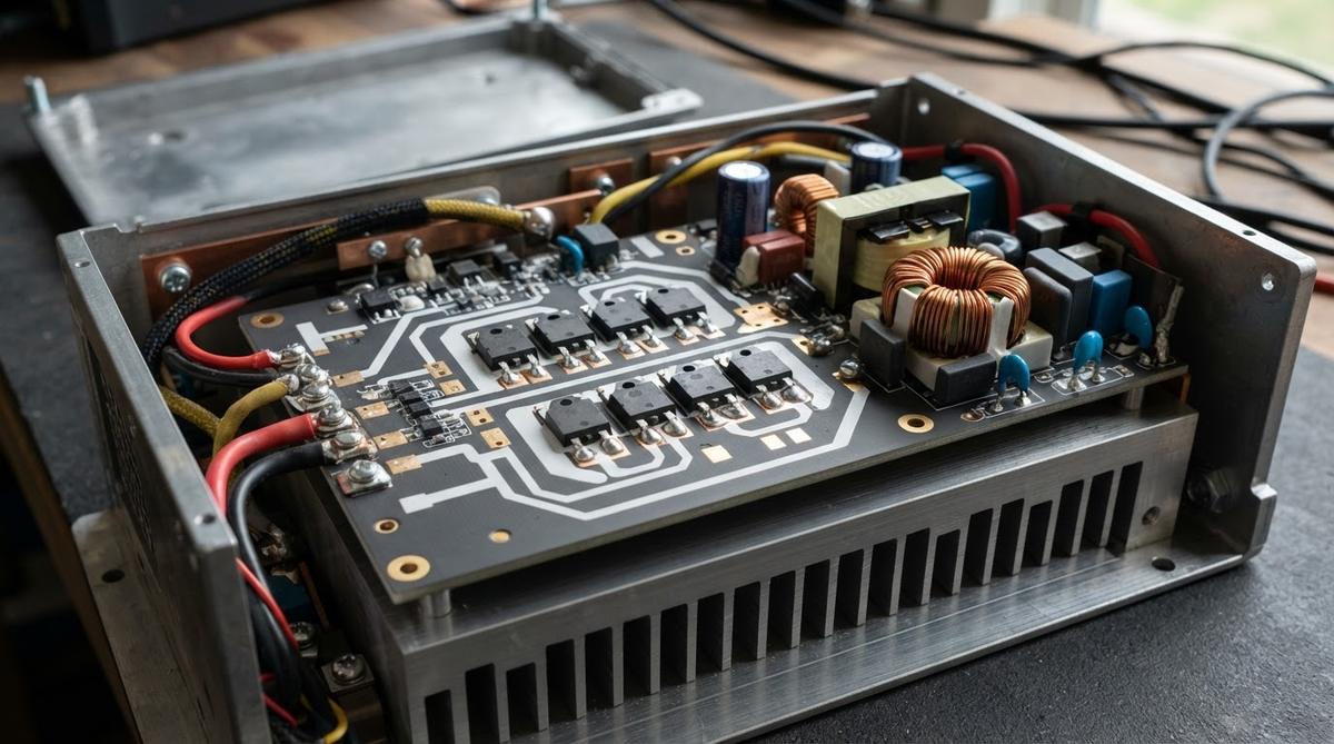 Interior of an industrial power supply module with ceramic PCB and SiC devices