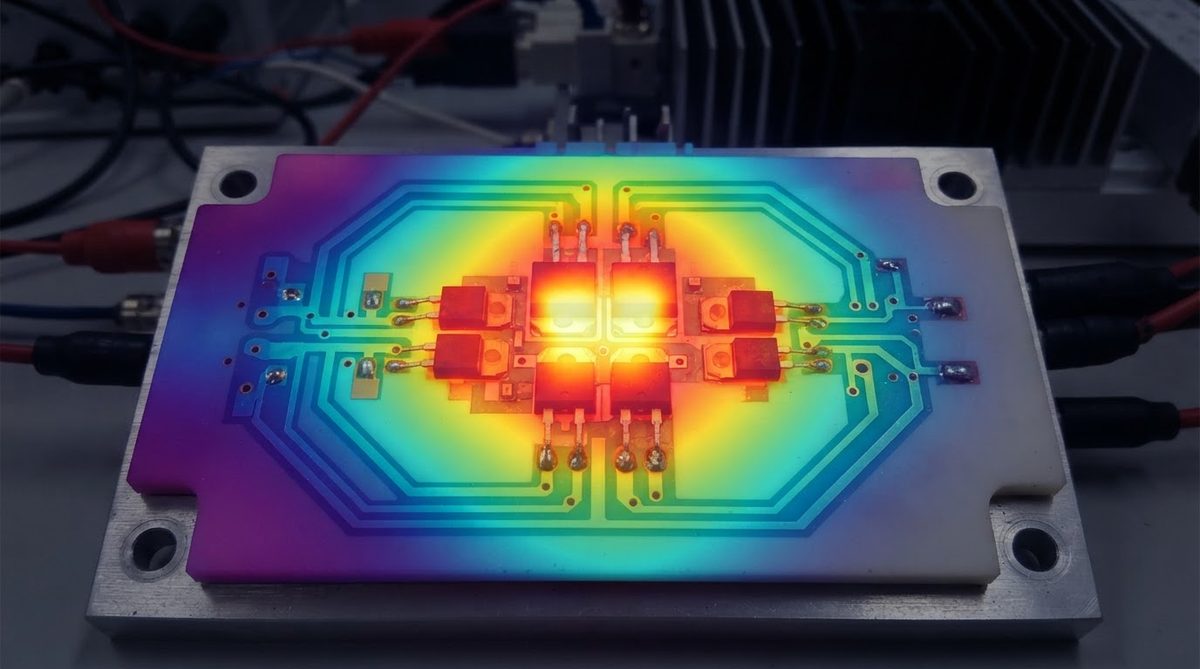 Thermal camera view of a power module showing heat spread across the substrate