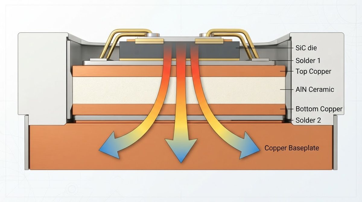 Cross-section of a power module with SiC die on AlN DBC substrate
