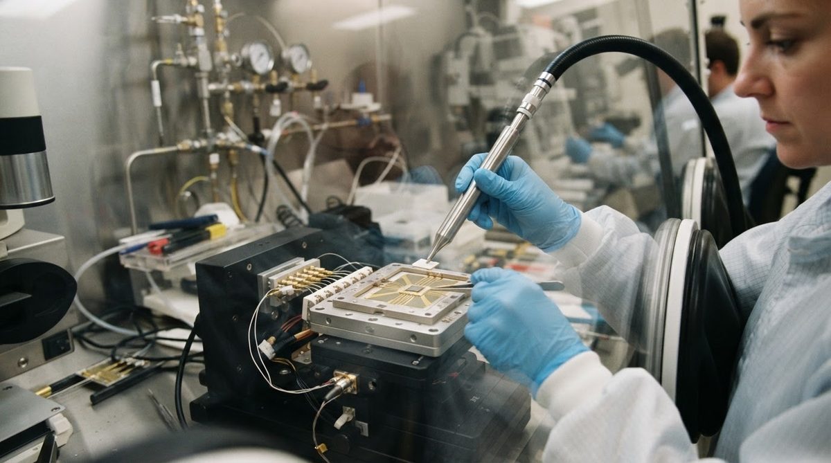 Engineer handling an AlN submount with a vacuum wand in a glovebox