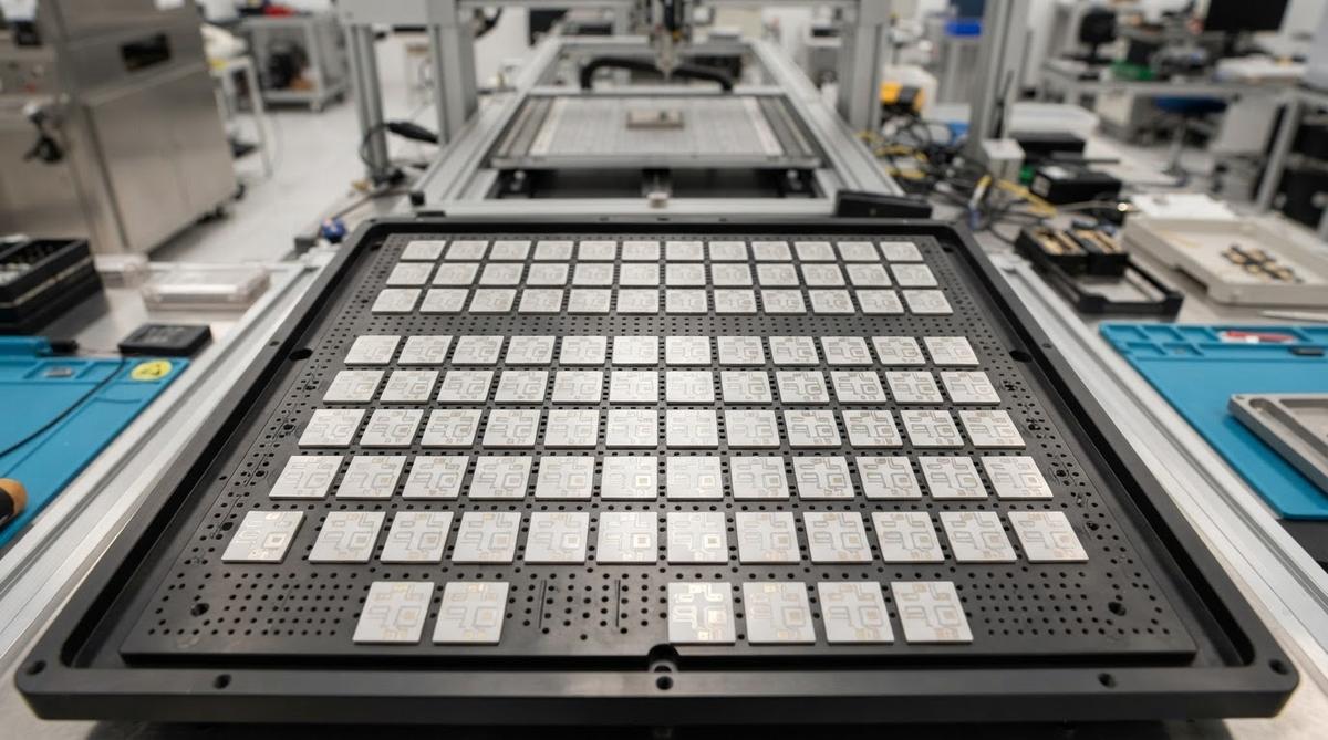 Array of AlN sensor substrates on a vacuum tray ready for assembly