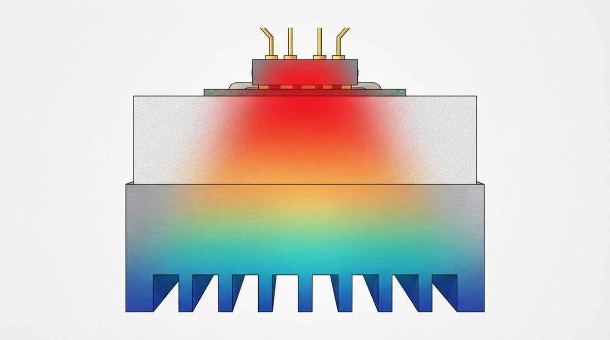 Cross-section of heat flow through an AlN substrate from die to heatsink