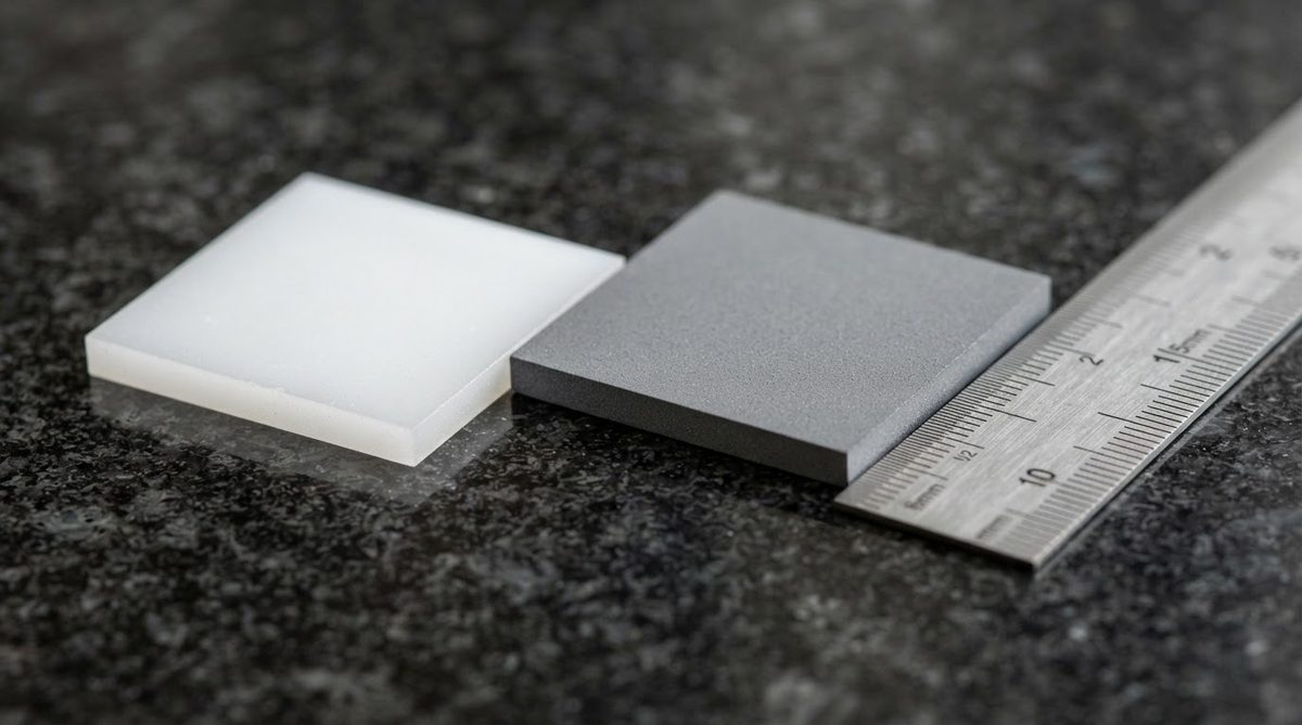 AlN and alumina ceramic substrates compared side by side with ruler for scale