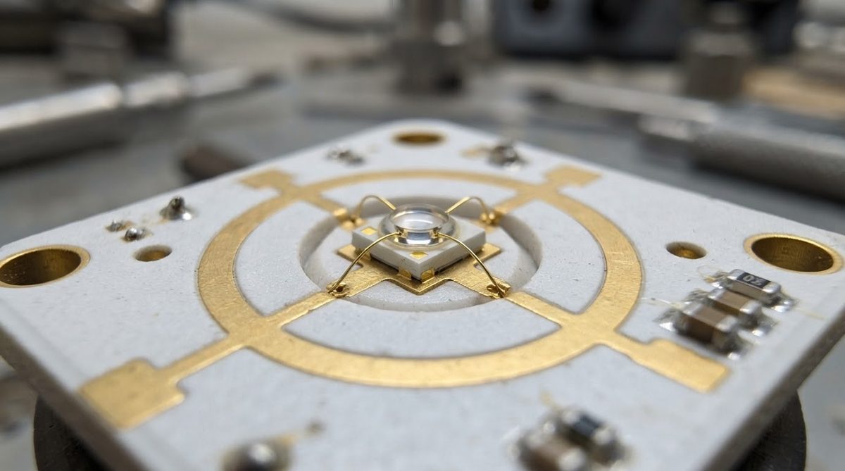 Assembled UV-C LED on ceramic substrate with wire bonds visible
