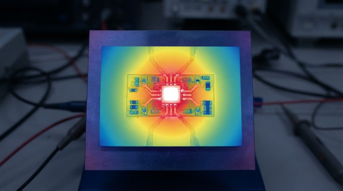 Thermal camera view of heat spreading through a ceramic substrate under a power device