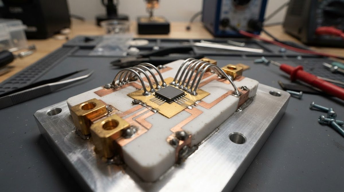 SiC power die mounted on an alumina AMB substrate inside a module housing