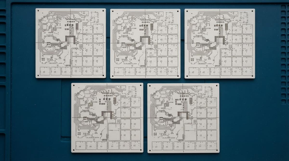 Laser-scribed alumina ceramic panels with visible score lines for separation