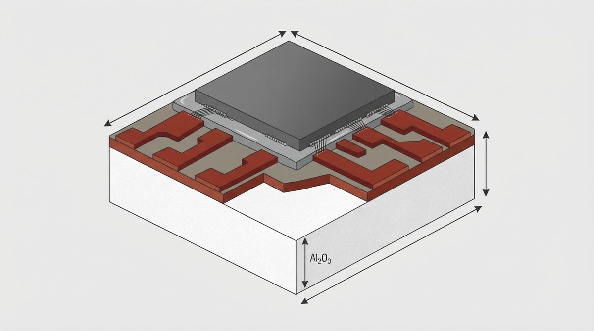 Cross-section diagram of a ceramic PCB stack-up with alumina substrate and copper layers