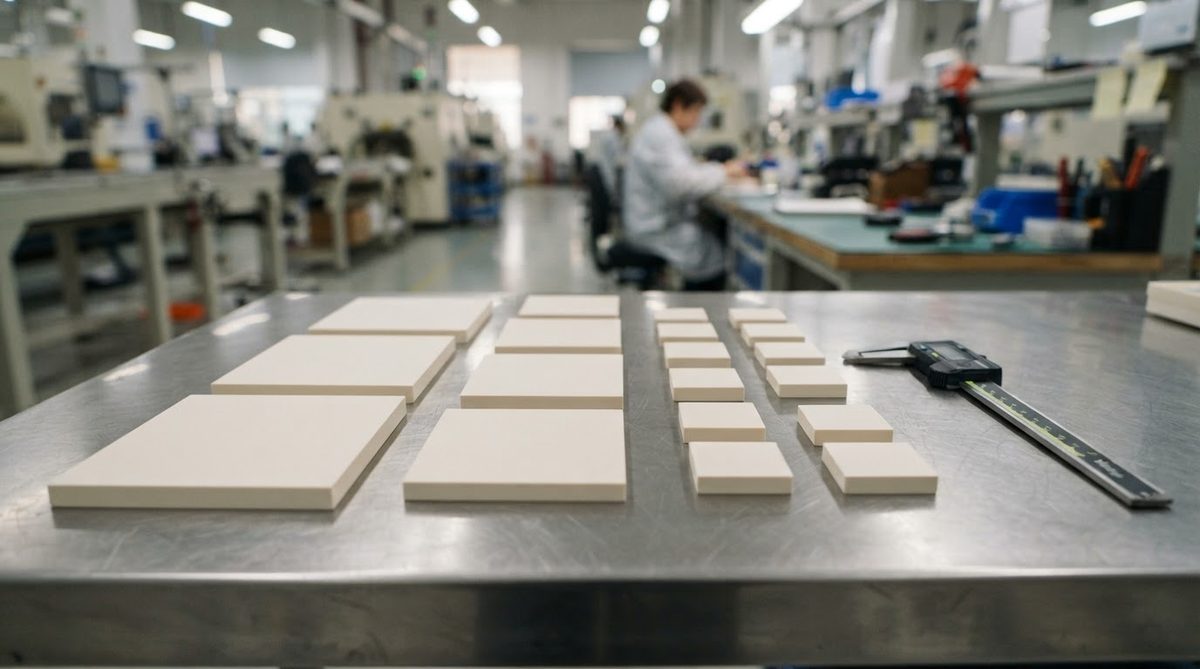 Alumina ceramic substrates of various sizes on an inspection table with caliper