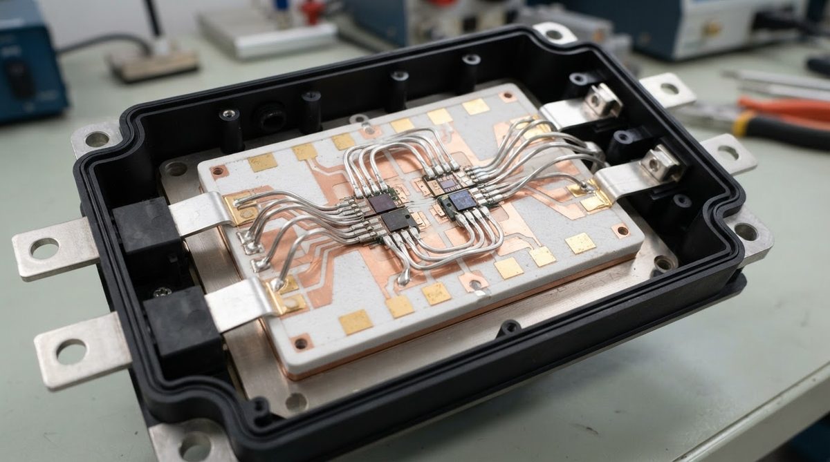 Power module assembly with ceramic DBC substrate and wire-bonded dies