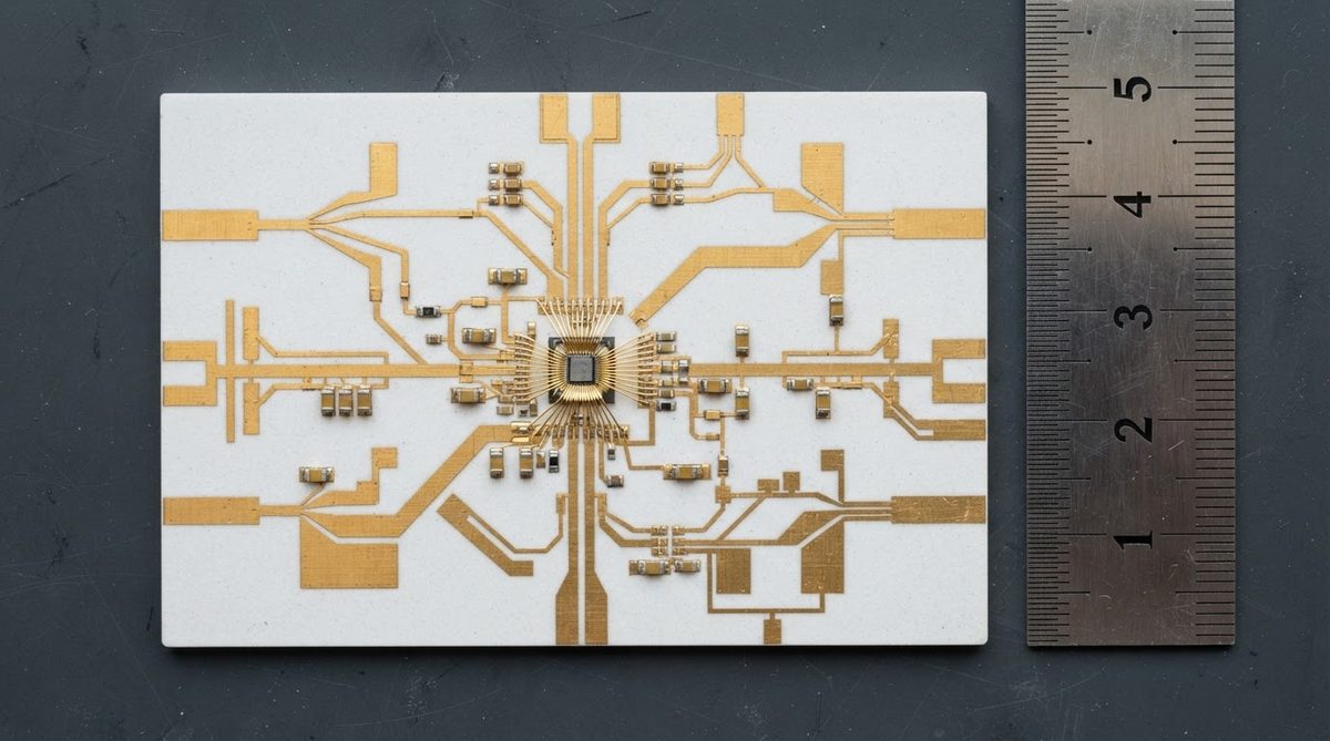 Thin-film gold microstrip traces on a 96% alumina hybrid circuit board