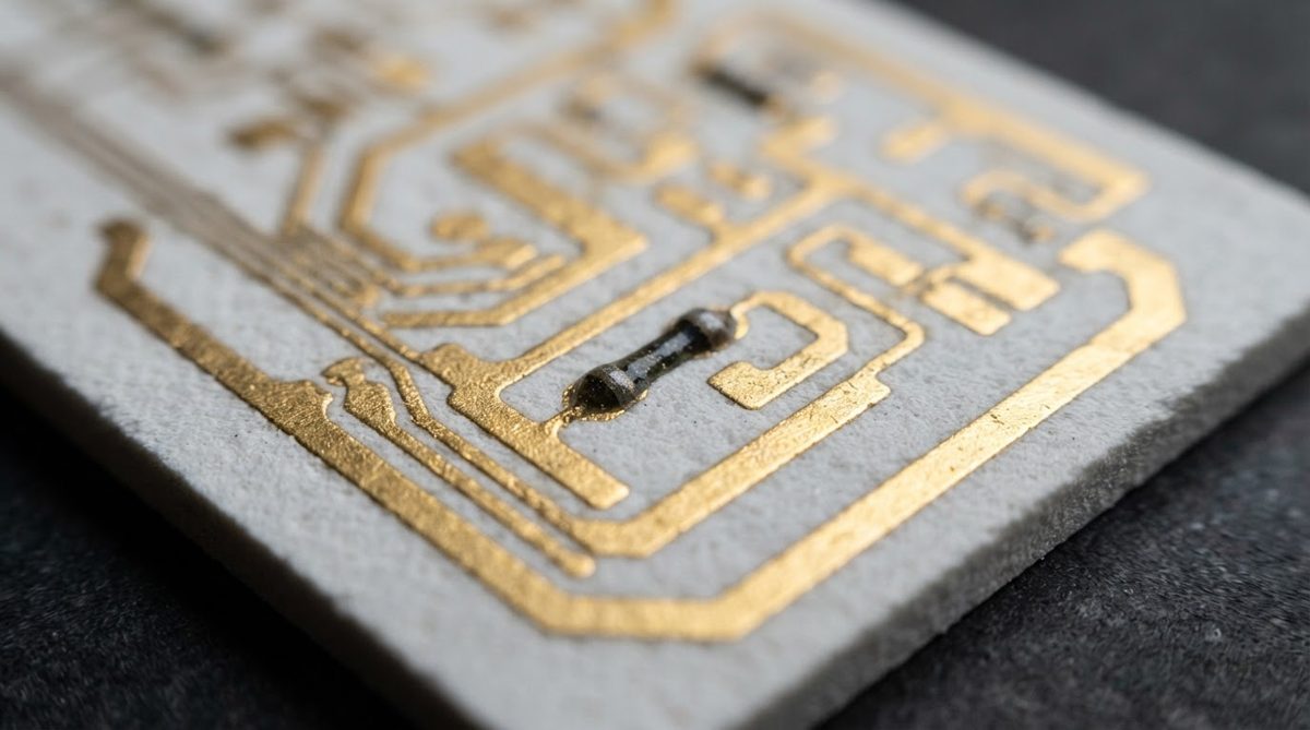 Thick-film gold circuit traces screen-printed onto a 96% alumina ceramic substrate