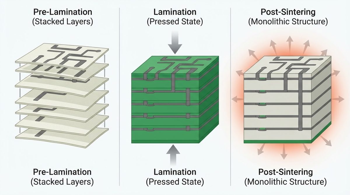 Cross-section of HTCC green tape layers with tungsten metallization before sintering