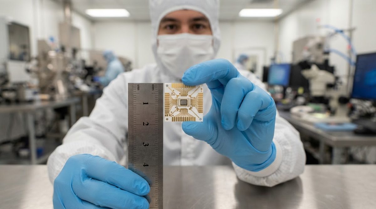 Engineer holding a finished 96% alumina HTCC ceramic package for size reference