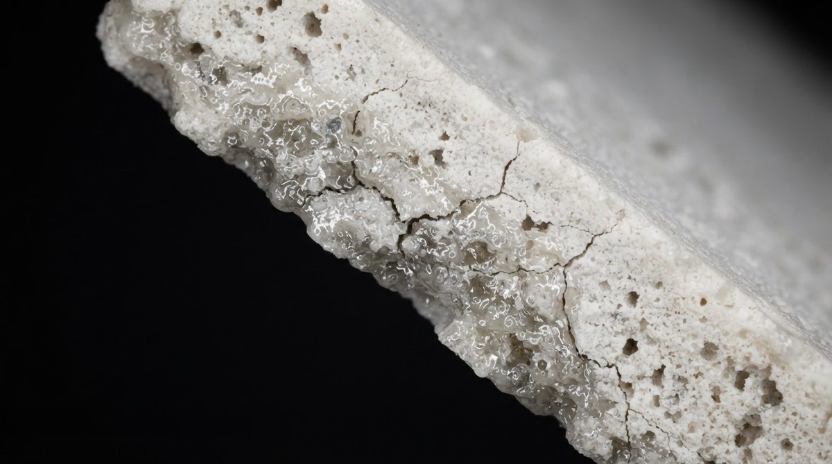 Close-up of a laser-cut edge on a 96% alumina ceramic substrate