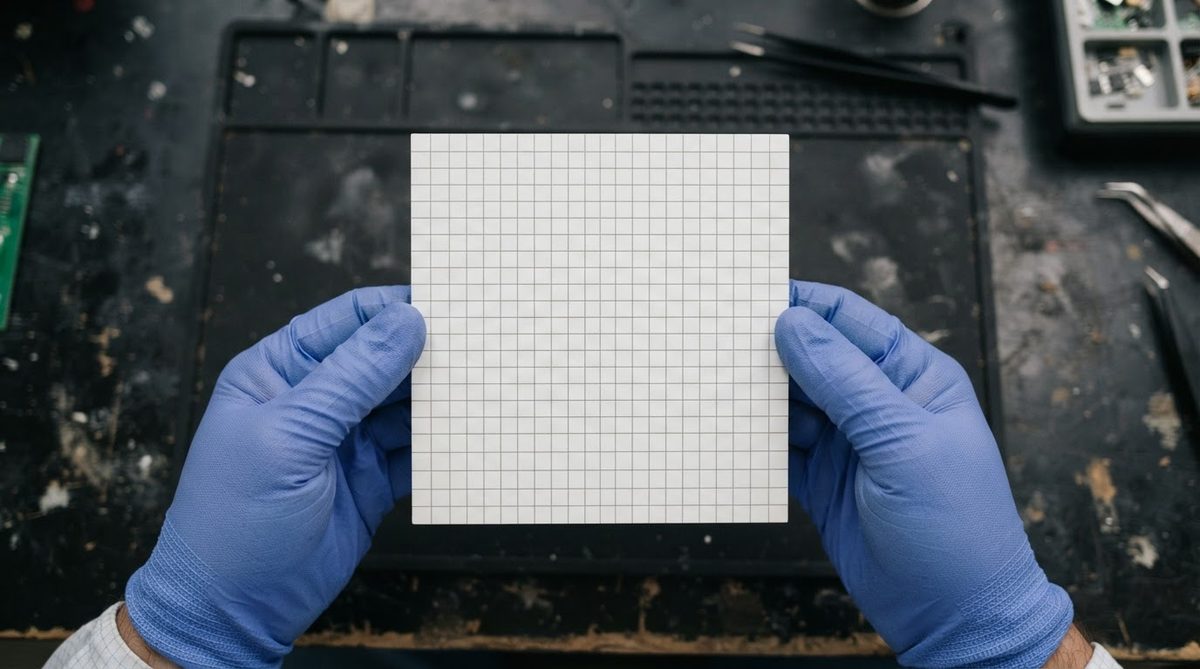Alumina substrate panel showing laser scribe grid lines before snap singulation