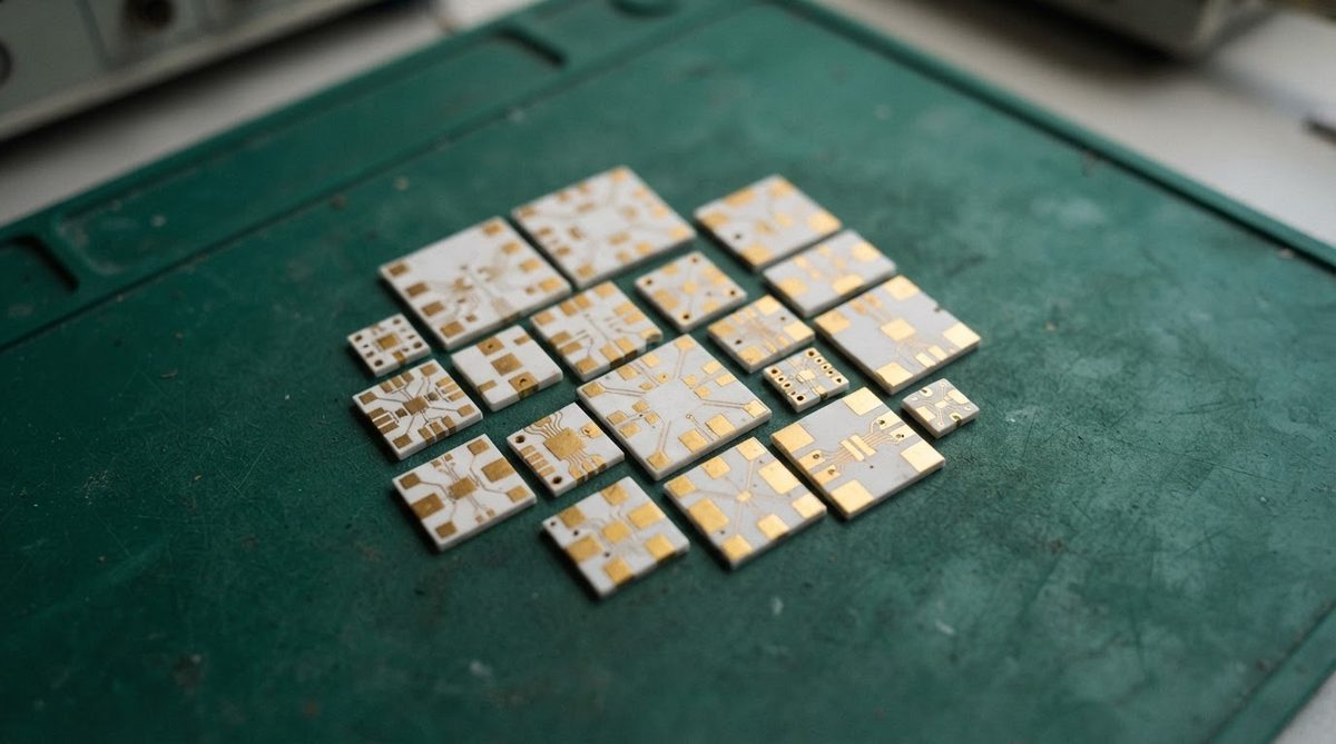 Finished LTCC ceramic modules with gold surface pads ready for SMD assembly
