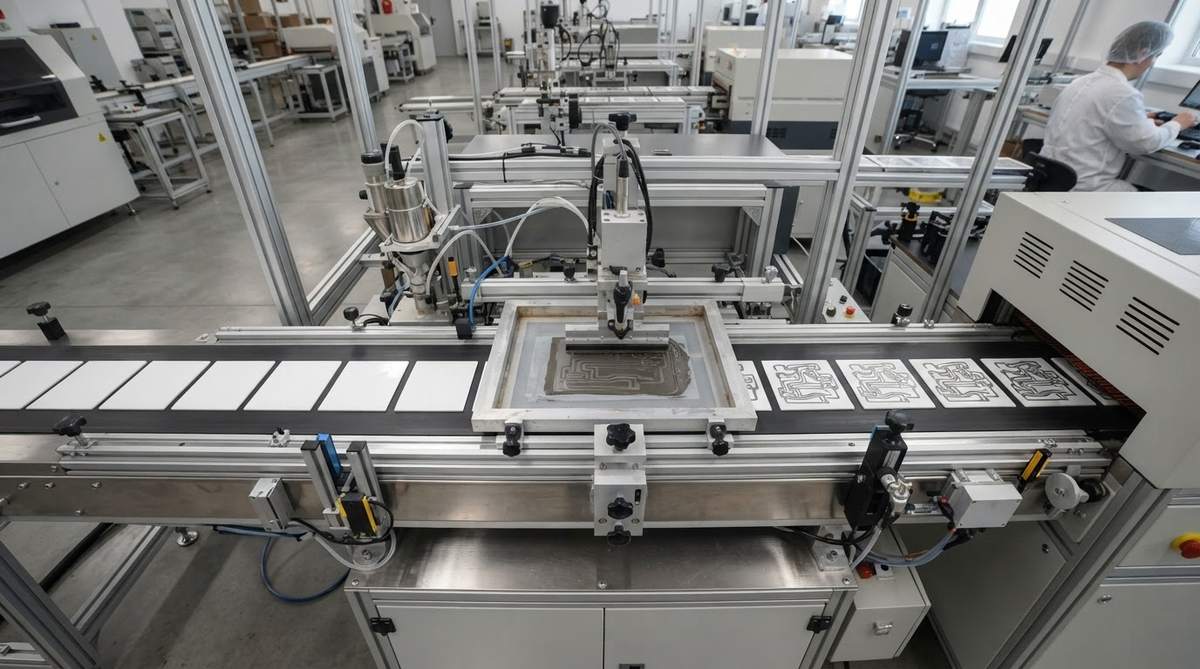 Thick-film screen printing station applying conductive paste to alumina substrates