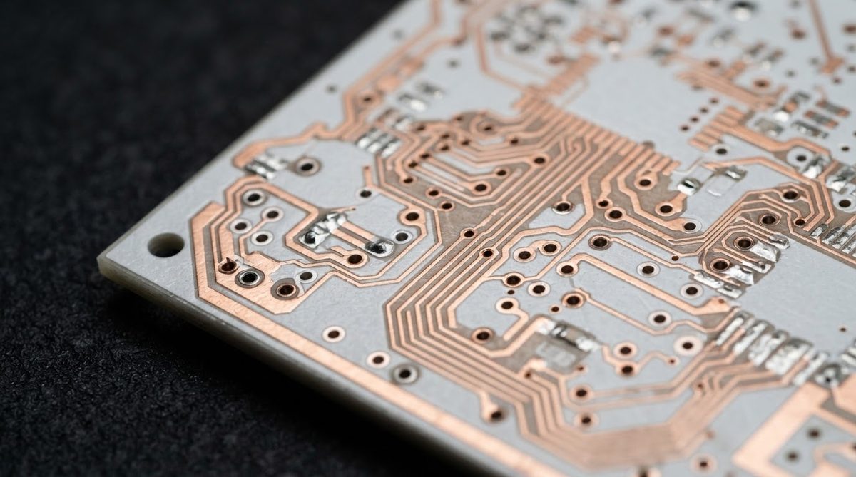Double-sided DPC ceramic PCB with copper traces and through-substrate vias