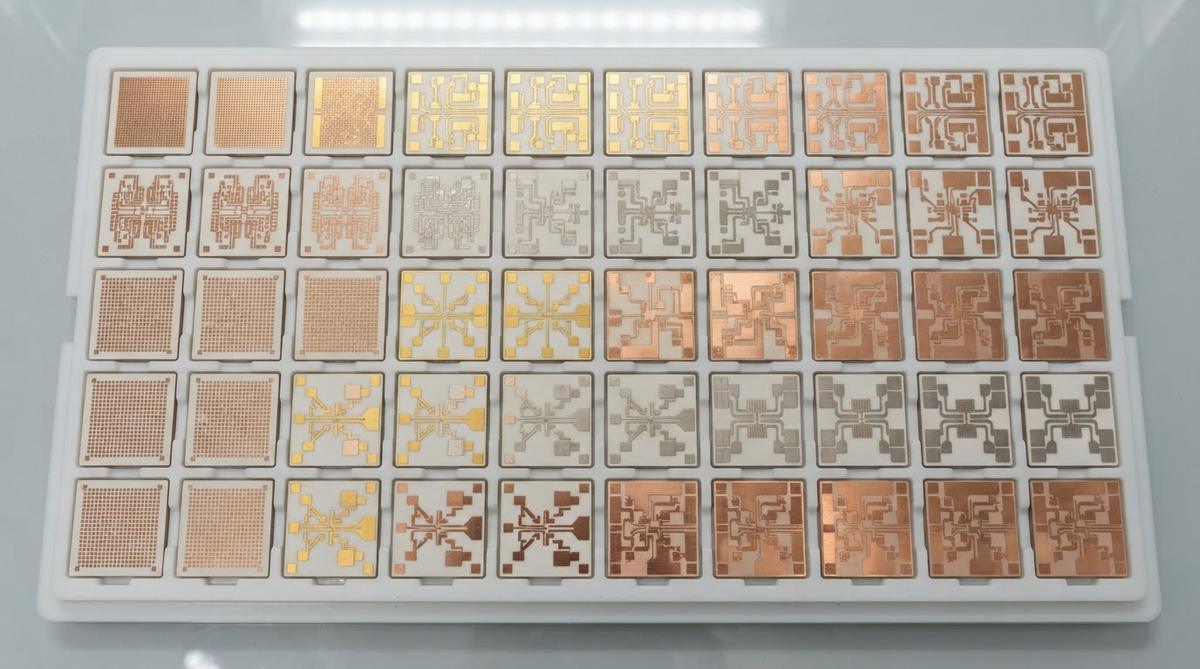 Metallized alumina ceramic substrates with varied copper patterns on a production tray