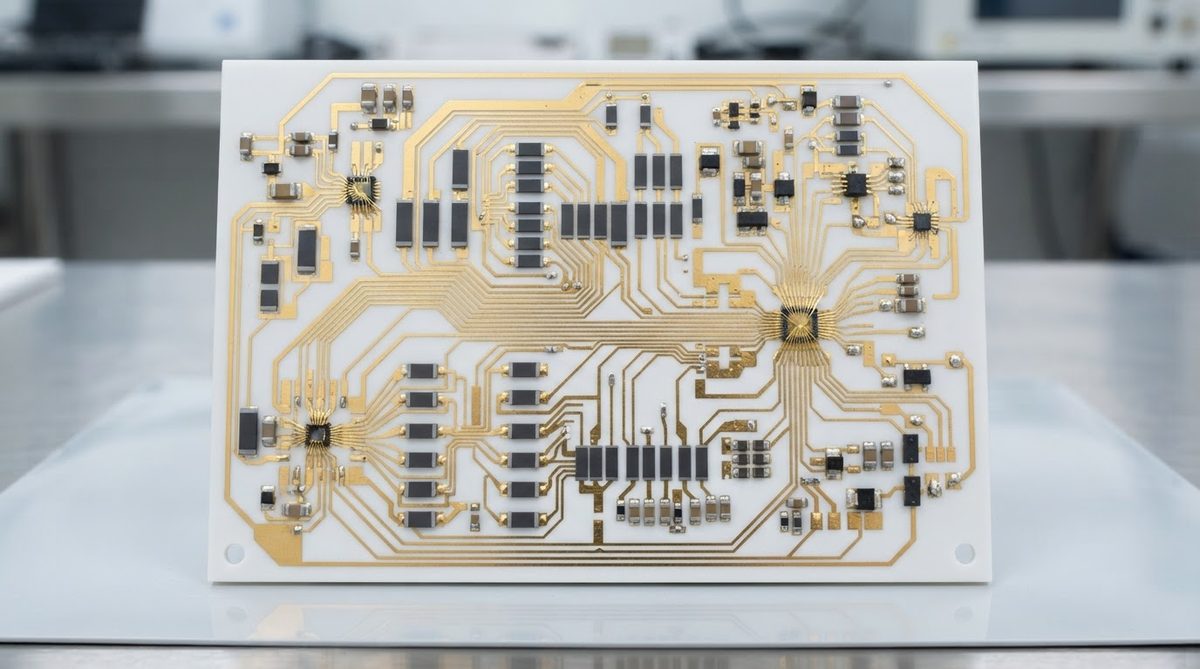 Thin-film hybrid circuit with gold traces on a polished alumina substrate