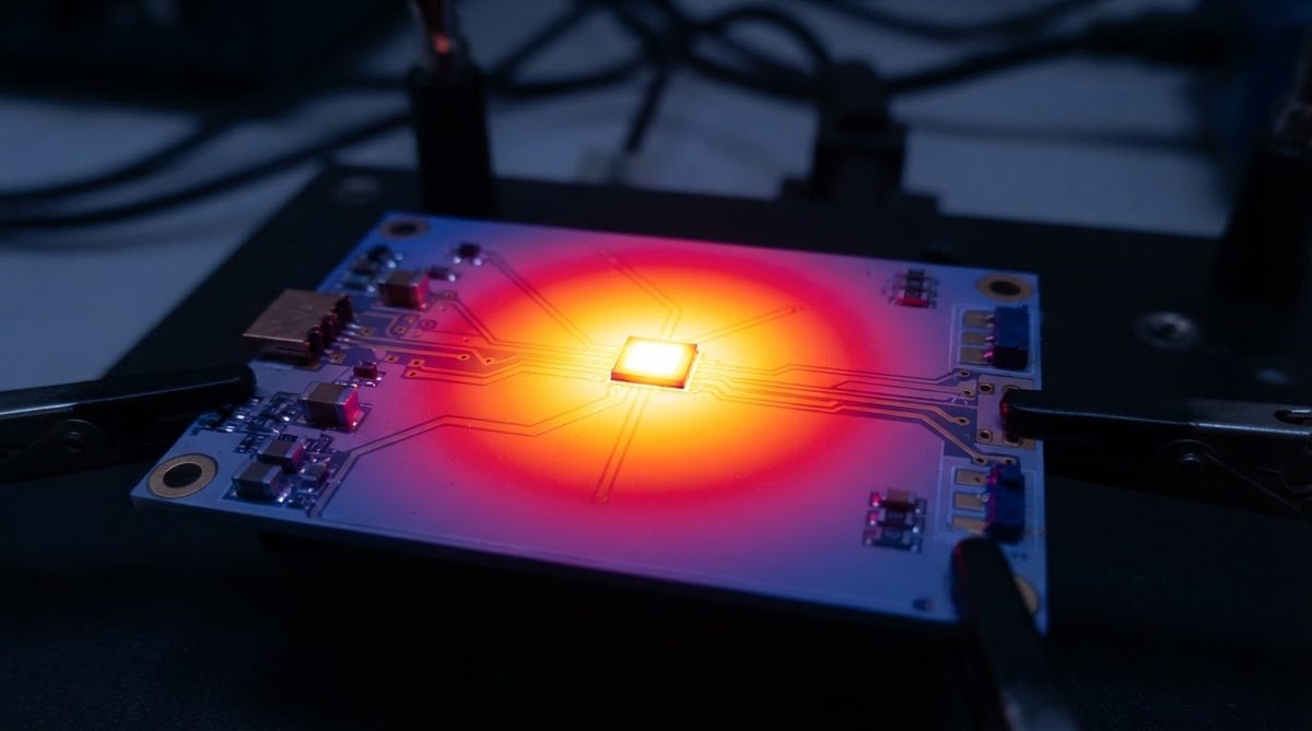 Thermal camera view of heat spreading across an alumina ceramic PCB under load