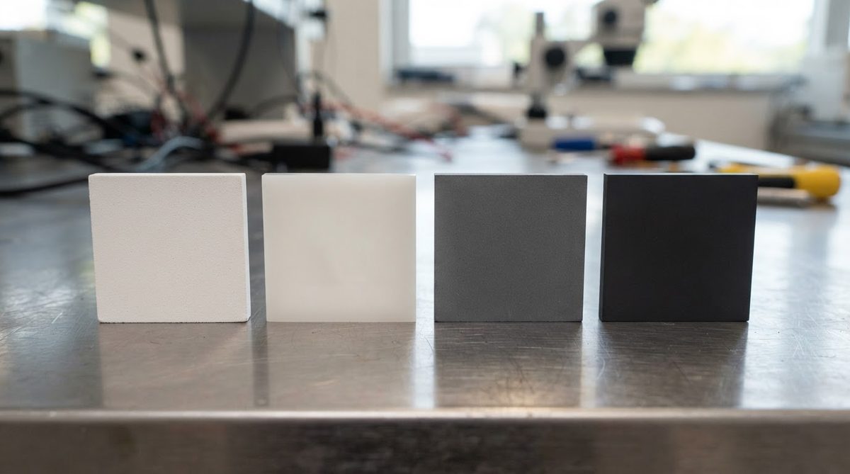 Four ceramic substrate types compared: 96% alumina, 99.6% alumina, AlN, and Si3N4