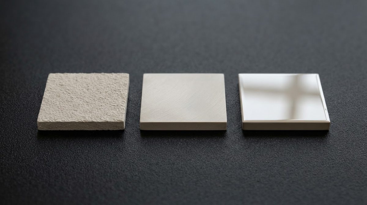 Three 96% alumina substrates comparing as-fired, lapped, and polished surface finishes