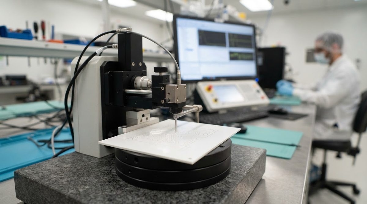 Stylus profilometer measuring surface roughness on an alumina ceramic substrate