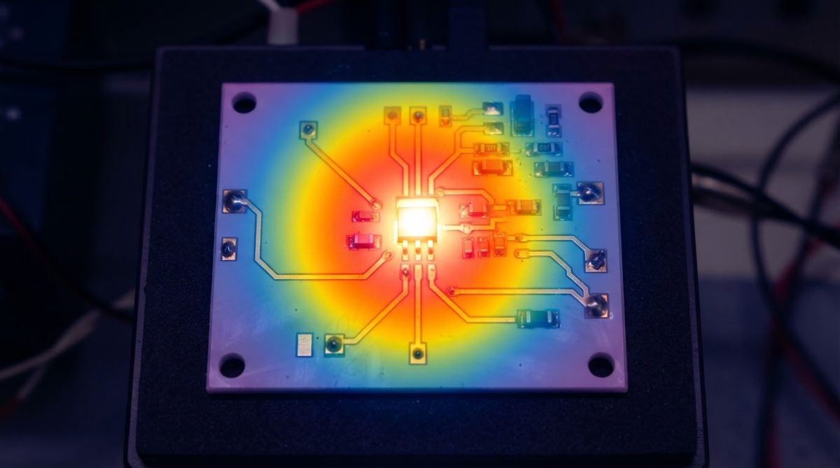 Infrared thermal image showing heat spread across a ceramic PCB substrate