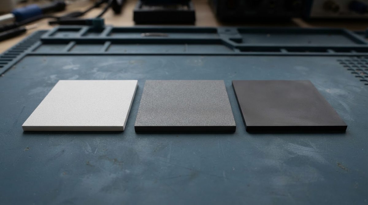 Three ceramic substrates side by side: white alumina, grey AlN, and dark Si3N4