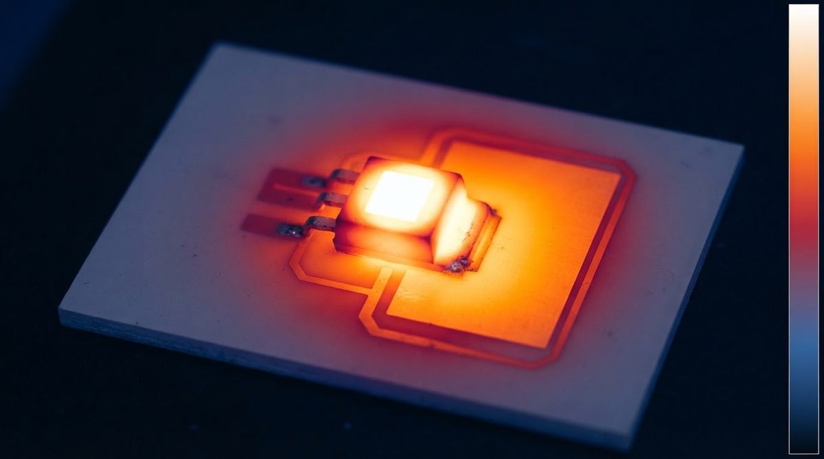 Infrared thermal image showing heat spreading on a ceramic PCB