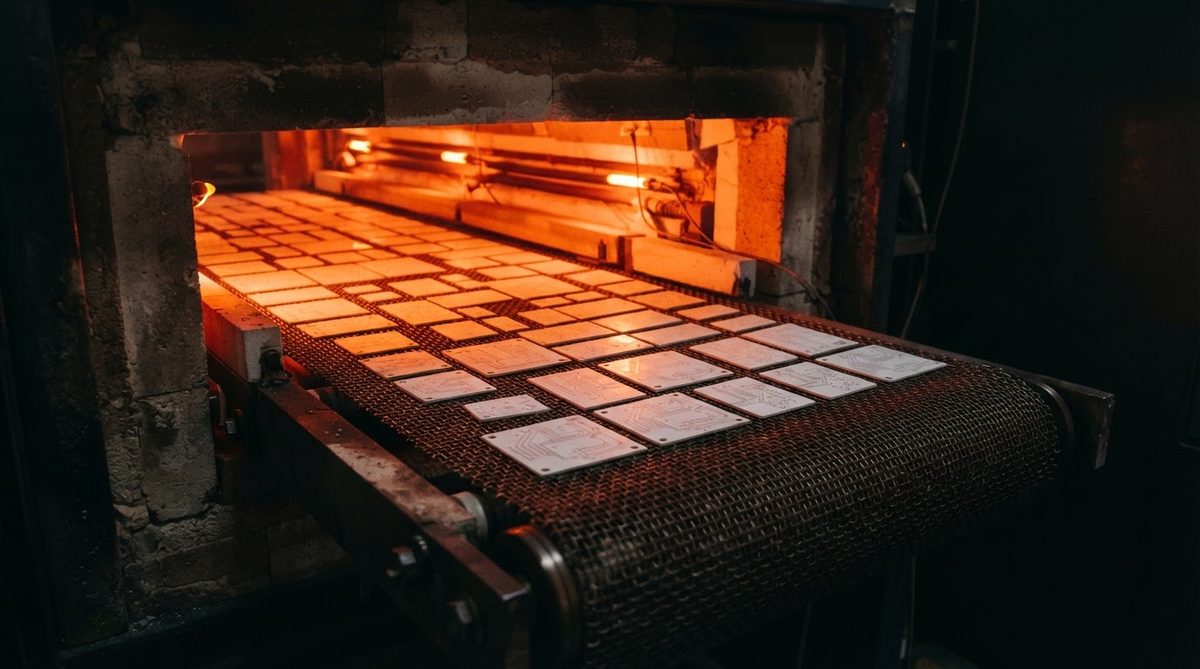 Ceramic substrates passing through a belt furnace during thick film firing