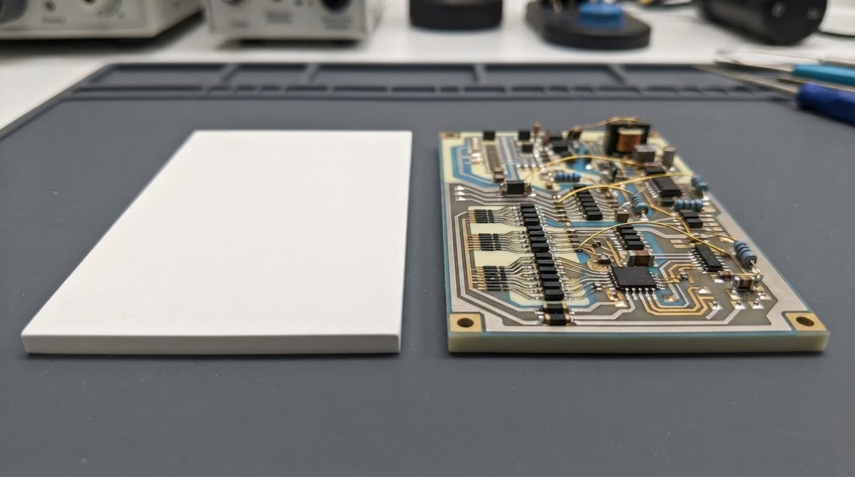 Bare alumina substrate beside a completed thick film hybrid circuit