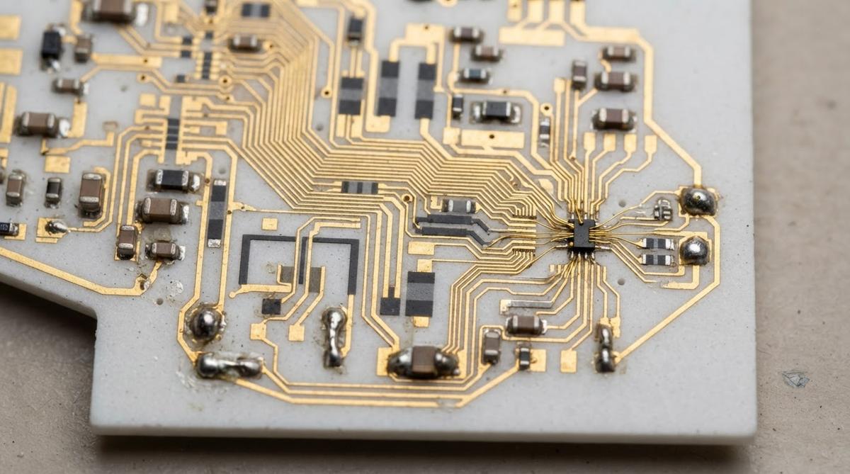 Thin film hybrid circuit on alumina substrate with gold traces and resistor patterns