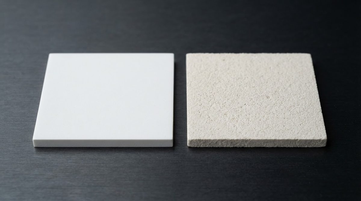 Two alumina substrates side by side comparing 96% and 99.6% purity grades