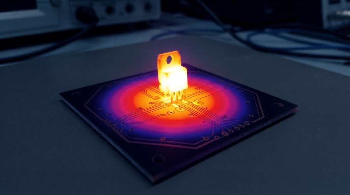 Thermal image showing heat spread across a ceramic substrate under a power device
