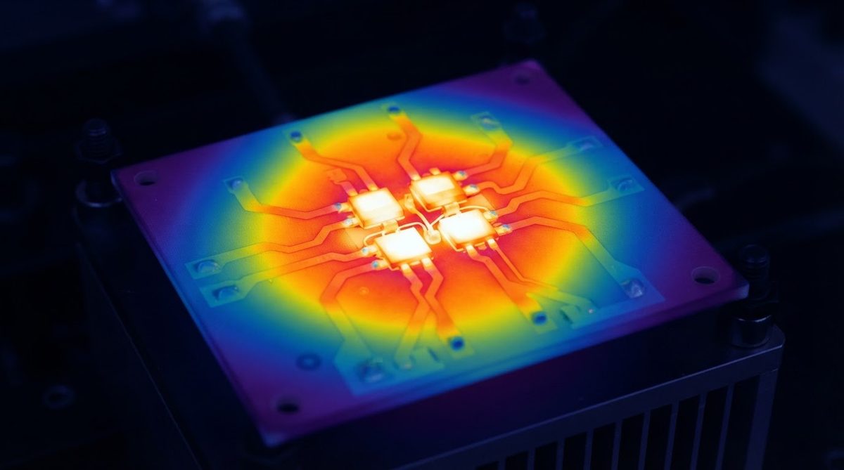 False-colour thermal image showing heat spread across a ceramic power module substrate