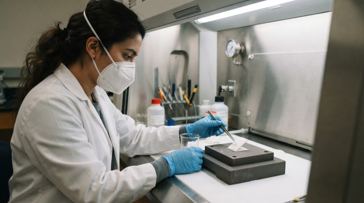 Engineer in protective gear handling a beryllium oxide substrate inside a fume hood