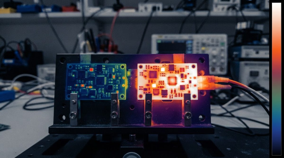 Thermal camera view comparing heat spread on two different PCB substrates under load