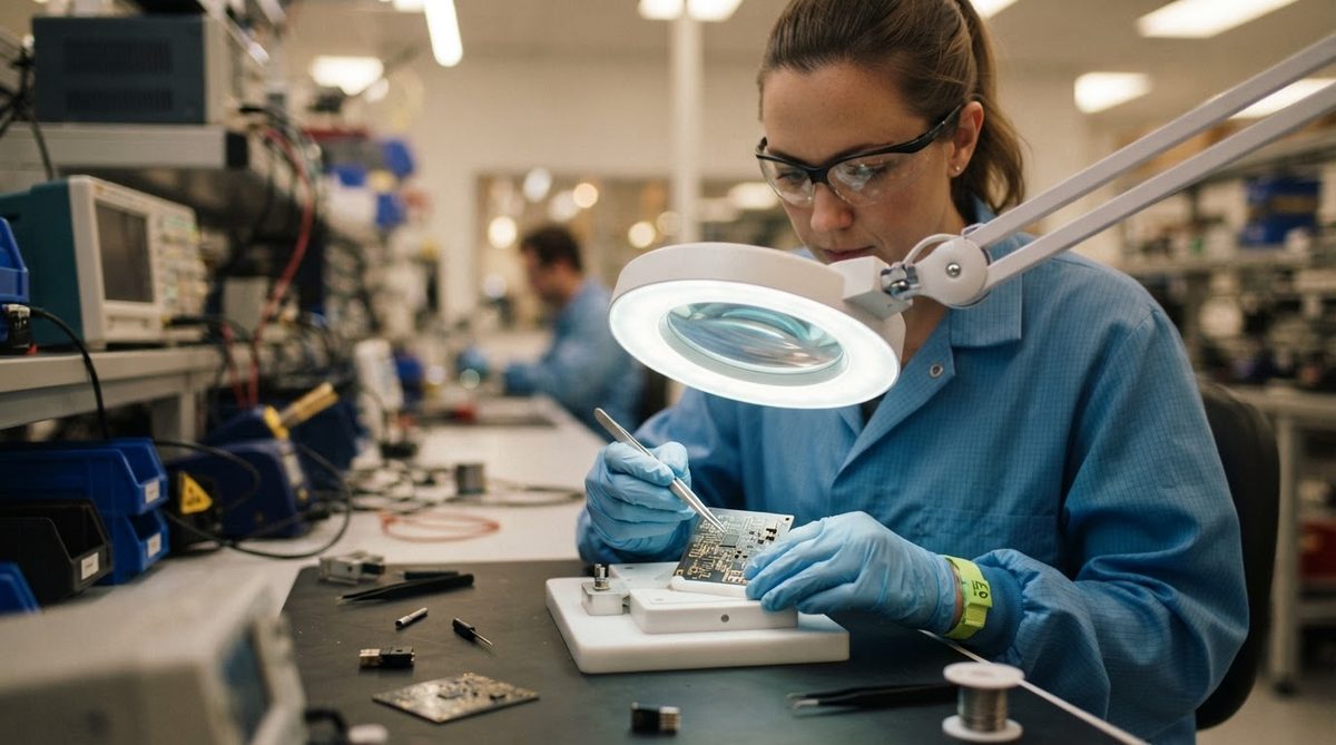 Engineer inspecting a ceramic PCB under magnification in an electronics lab